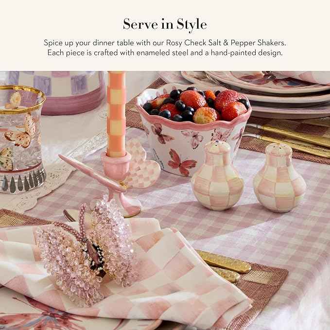 MACKENZIE-CHILDS Enamel Salt and Pepper Shakers, Kitchen Table Accessories, Pink-and-White Rosy Check