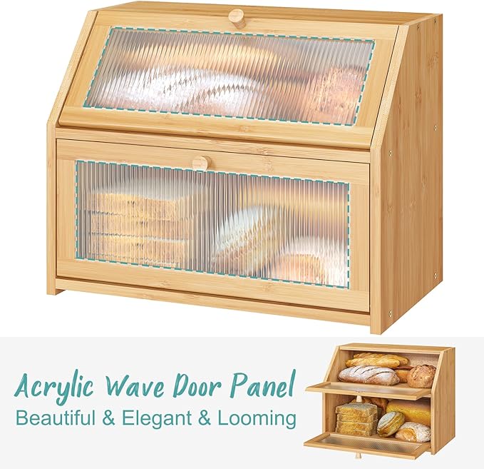 Bread Box for Kitchen Counter, Large Bamboo Wood Double Layer Bread Box, Wooden Bread Storage Capacity