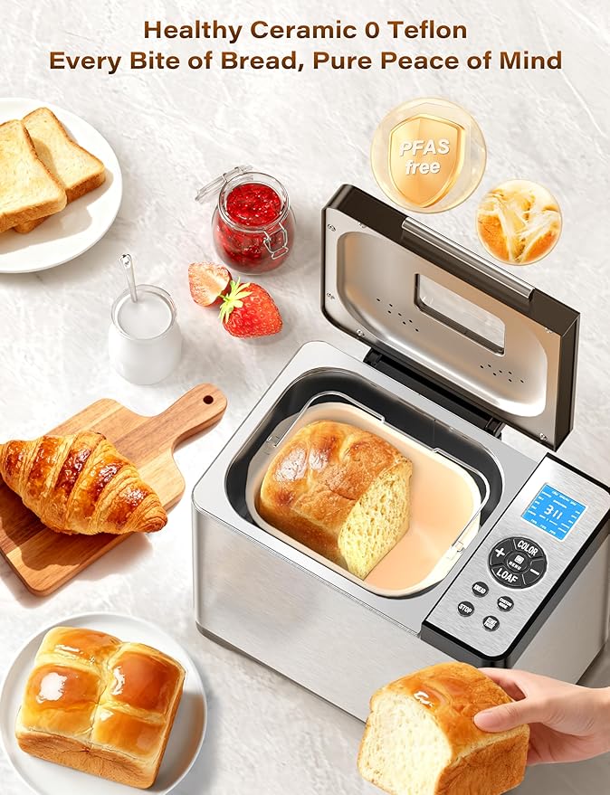 KBS 19-in-1 Programmable Bread Maker, 2LB Bread Machine with Healthy Ceramic Pan, Stainless Steel Bread Maker Machine with 15H Timer& 1H Keep Warm, Sourdough, Gluten Free, 3 Crust Colors, 53 Recipes