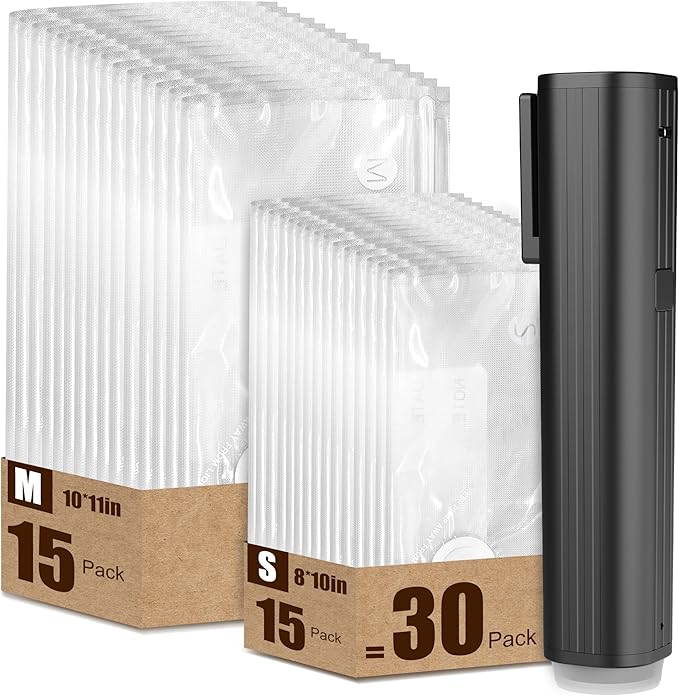 Vacuum Sealer, Portable handheld Vacuum Sealer + 30 Reusable Vacuum Bags, Portable Food Sealer, With LED pressure display, 2-Speed Pressure Control (60/80 Kpa)