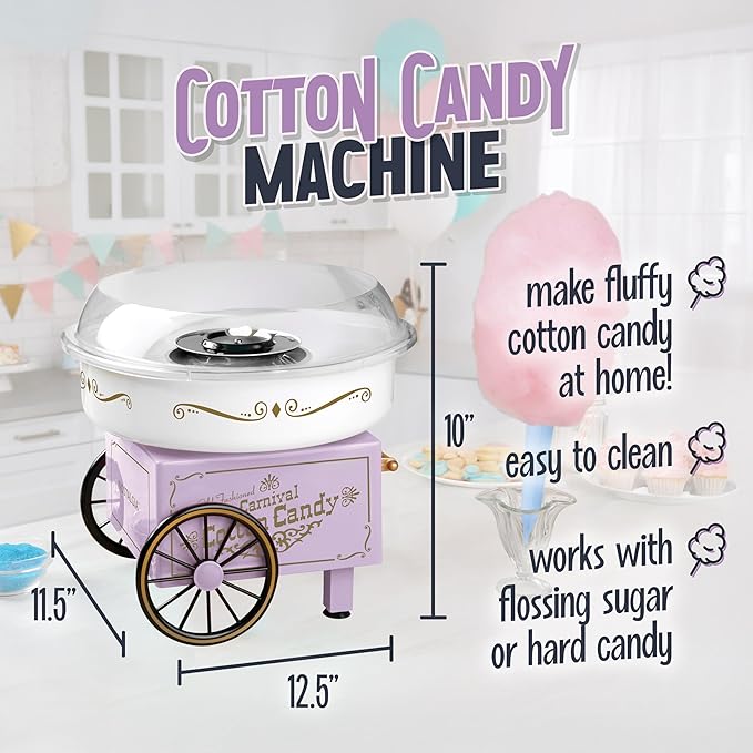 Nostalgia Vintage Hard and Sugar Free Candy Countertop Cotton Candy Maker, Includes 2 Reusable Cones And Sugar Scoop – Lavander