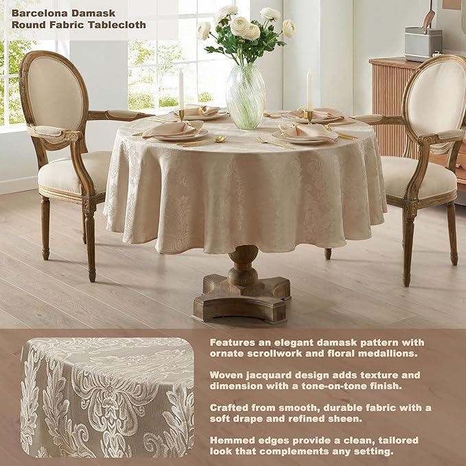 Newbridge Barcelona Luxury Damask Fabric Tablecloth, 70” Round, Golden Beige, 100% Polyester, No Iron, Soil Resistant Dining Room, Party and Banquet Table Cover
