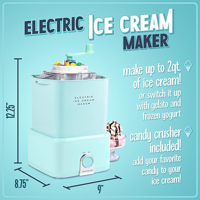 Nostalgia Electric Ice Cream Maker - Old Fashioned Soft Serve Ice Cream Machine Makes Frozen Yogurt or Gelato in Minutes - Fun Kitchen Appliance - Modern Style - Aqua - 2 Quart