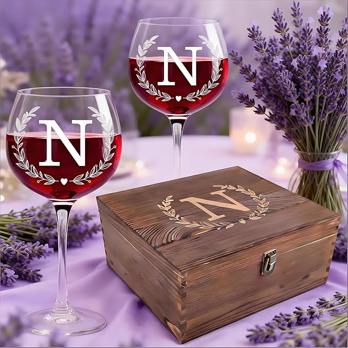 GZLDGIFTS Personalized Initial Wine Glasses Box Gift Set For Women Mom Engraved Birthday Monogrammed Wooden Christmas Gifts Wedding Anniversary Wine Couples Stopper Opener Initial Letterr (N Set)
