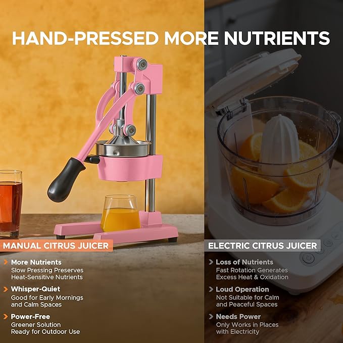 CO-Z Manual Citrus Juicer, Heavy-Duty Manual Juicer with Conical & Flat Pressure Plates, Professional Lemon Squeezer for Orange Pom Lime Lemon Juice, Dishwasher Safe Juice Press, Pink