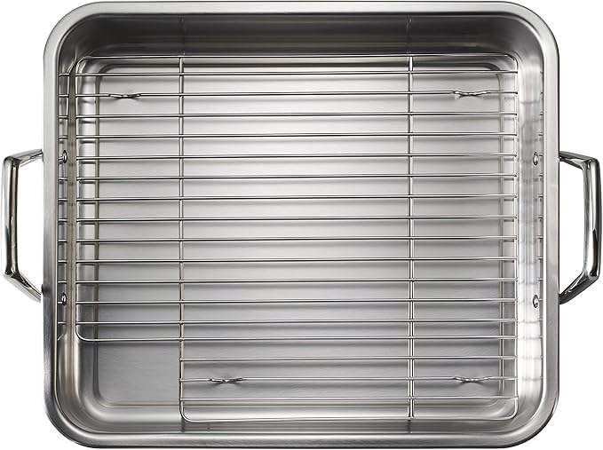 Tramontina 16.5-Inch Stainless Steel Deep Roasting Pan with Basting Grill and V-Rack, Turkey Roaster for Oven, Dishwasher Safe, Made in Brazil