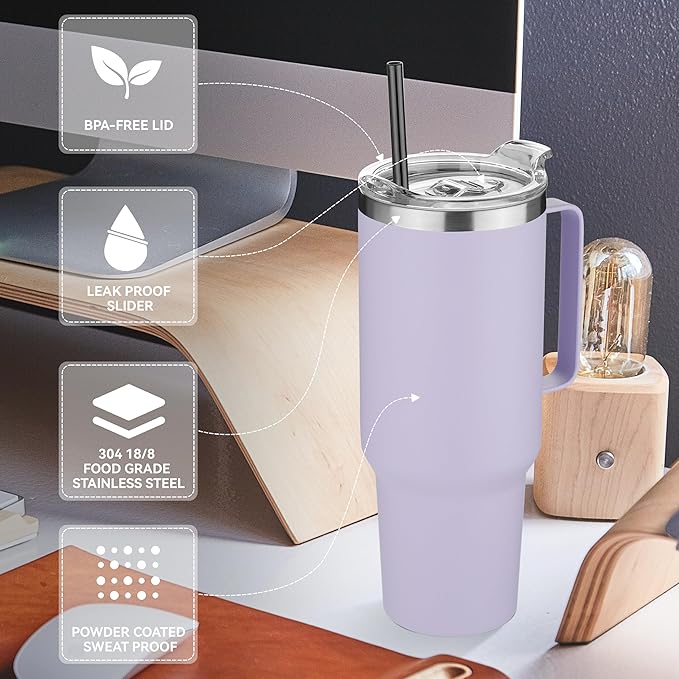 HASLE OUTFITTERS 40 oz Stainless Steel Tumbler with Handle, Vacuum Insulated Tumblers Bulk, Reusable Double Wall Travel Coffee Mug, Durable Powder Coated Water Bottle(Purple, 1)