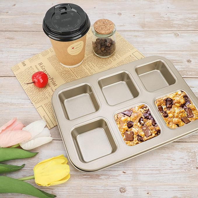 Beasea Mini Brownie Pan, 2 Pack 6 Cavity Gold Square Inidividual Brownie Muffin Cake Cutter Pan Mini Cheesecake Cupcake Bakeware Carbon Steel Brownie Baking Tray Bakeware for Oven Baking