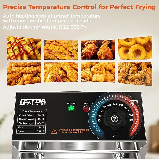 OSTBA Electric Deep Fryer with Basket, 10.36QT Countertop Fryer, 1600W Stainless Steel Commercial Deep Fryer with Adjustable Temperature 140–390℉, Removable Basket & Oil Tank