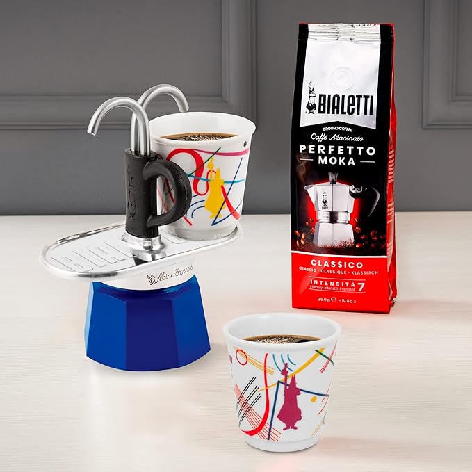 Bialetti - Mini Express Kandinsky: Moka Set includes Coffee Maker 2-Cups (2.8 Oz) + 2 shot glasses, Light Blue, Aluminum