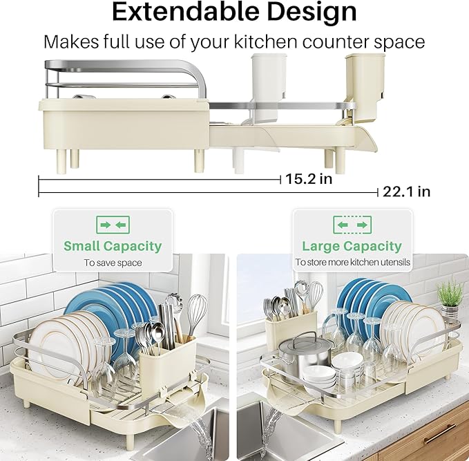 SNTD Dish Drying Rack, Expandable Dish Rack for Kitchen Counter, Stainless Steel Dish Drainer with Drainboard Set and Utensil Holder (Beige)