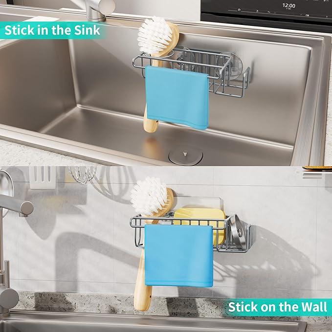 HapiRm Sink Caddy Sponge Holder - No Drill Sponge Holder for Kitchen Sink, Rustproof and Waterproof Kitchen Organizer - Grey