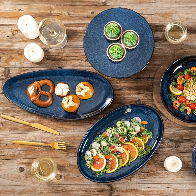 vicrays Large Oval Serving Platters, 16"/14"/10" Porcelain Serving Platters for Party, BBQ,Stackable Serving Trays Serving Plates for Appetizers, Sushi, Restaurant, Dessert, Set of 3 (Blue)