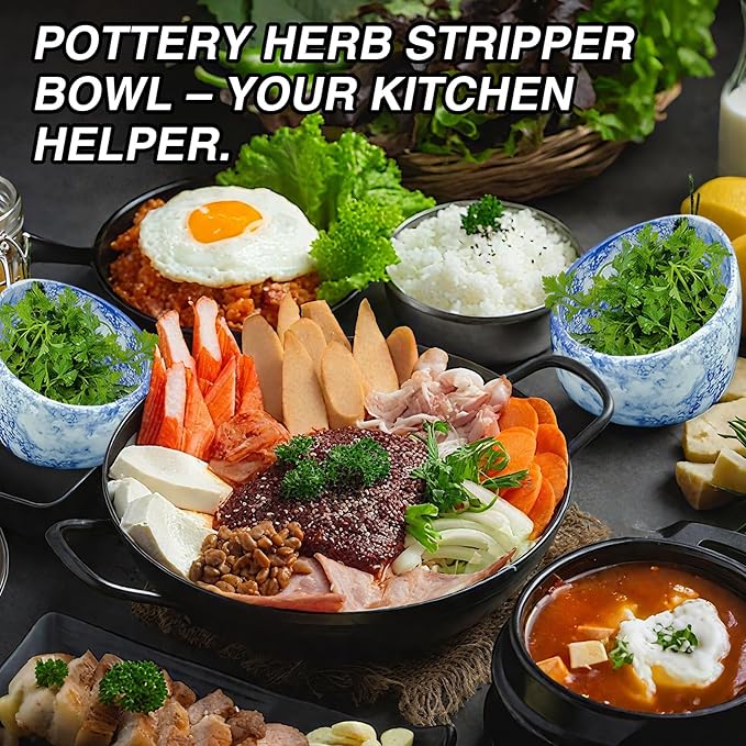 Chinese Kiln Transformation Blue and White Pattern Ceramic Herb Stripper Bowl - Pottery Herb Stripper, Kitchen for Efficient Kale/Cilantro/Thyme Leaf Removal