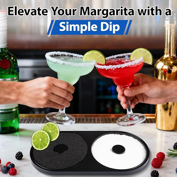 Margarita Salt Rimmer Set, 2 Pack Bar Salt and Sugar Rimmer with Sponge, 2-in-1 Bar Glass Cocktail Rim Set, Dishwasher Safe Black Barware Tools for Margarita Mojitos (Black)