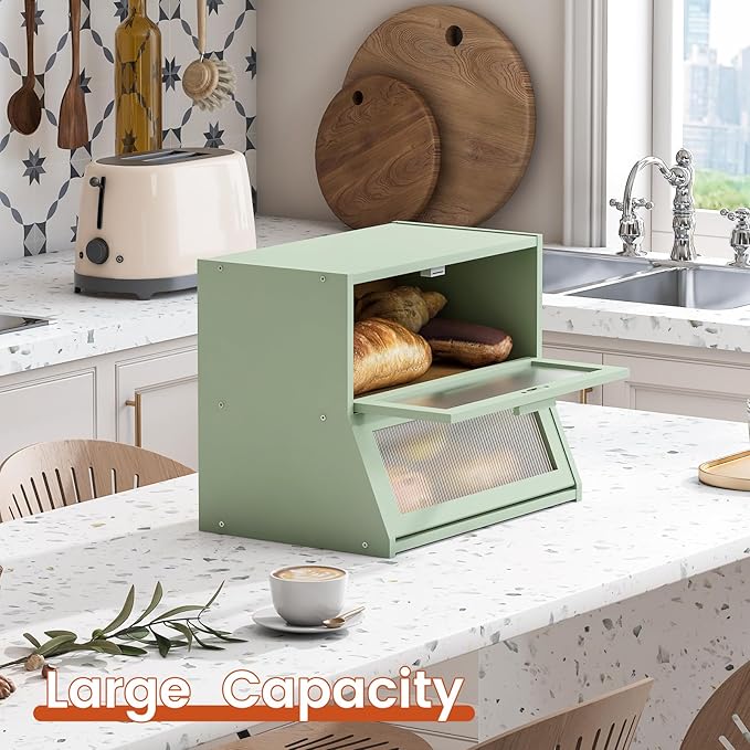 GHWIE Double Layer Bamboo Bread Box for Kitchen Counter,Large Capacity Bread Storage Bin,Bread Container with Acrylic Wavy Door Panel (Light Green, Medium)