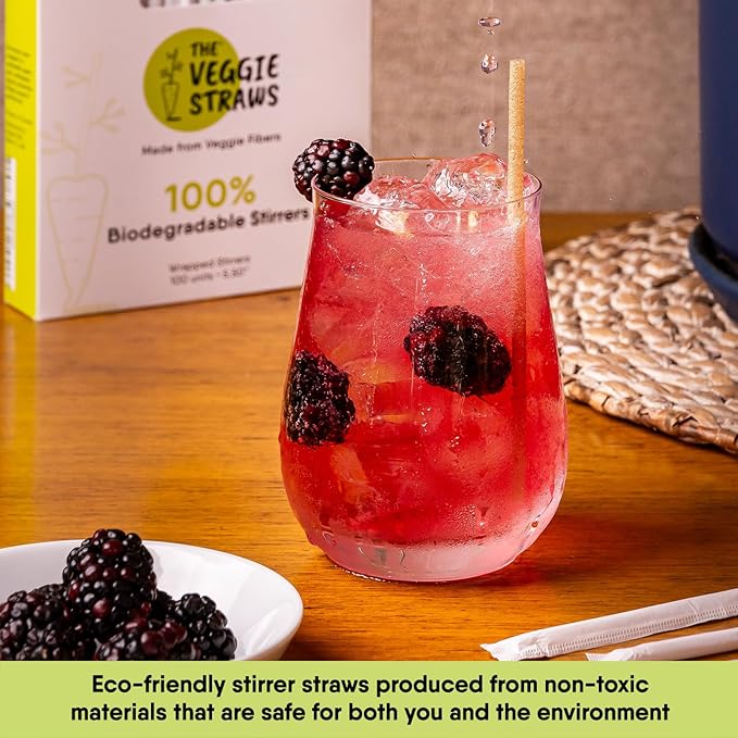 100% Biodegradable Individually Wrapped Cocktail Stirrers – 300 PCS of 5.50 Inches Premium Quality Disposable Coffee Stirrers, Best Biodegradable Stirrers for All Drinks – By The Veggie Straws