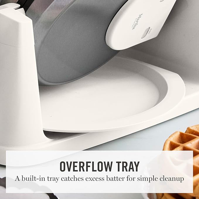 Martha Stewart Rotating Waffle Maker, 180° Flip Iron with PFAS-Free Nonstick Plates, Adjustable Timer, Ready Light, Drip Tray, Space Saving, Classic Round 7”, Easy to Clean, Stainless Steel, Linen