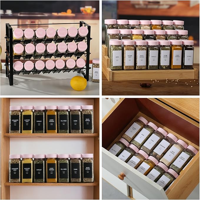 24 Glass Spice Jars with Labels, Spice Jar Set, 4oz Seasoning Containers, Spice Containers with Pink Airtight Lids and Shaker Lids, Square Empty Spice Bottles, 492 Labels, 1 Funnel
