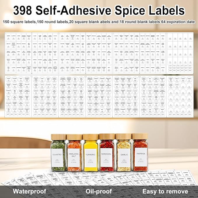 AISIPRIN Spice Rack with Spice Jars 398 Labels,4oz 24 Pcs Spices Jar with Bamboo Airtight Lids,Spices Container Set Seasoning Organizer for Countertop, Cabinet, Kitchen, Pantry, Cupboard