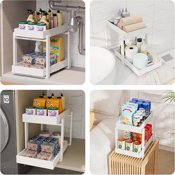 Bamboo Wood Under Sink Organizer 2 Pack, Pull Out Cabinet Organizer 2 Tier Under Sink Organizers and Storage with Sliding Drawer Sturdy Easy Assembly for Kitchen Bathroom (White)
