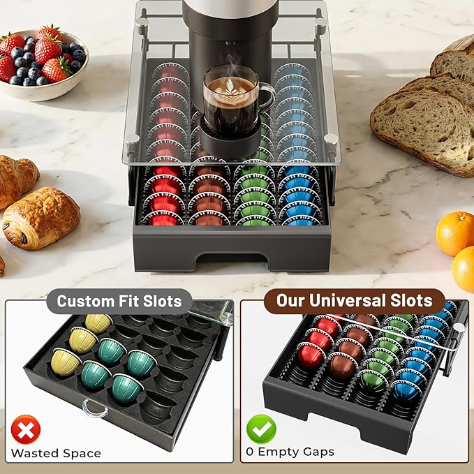 EVERIE Coffee Pod Drawer Organizer for Nespresso Machines,High-Capacity Storage for Vertuo Capsules,Smooth Pull-Out Design, Fits Under Coffee Makers (12”W x 16.5”D x 3.5”H)