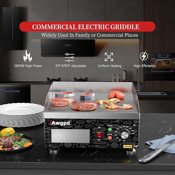 14" Commercial Electric Griddle,Electric Countertop Flat Top Griddle,110V 1800W Electric Flat Top Grill,Non-Stick Restaurant Teppanyaki Stainless Steel Grill,Adjustable Temperature Control