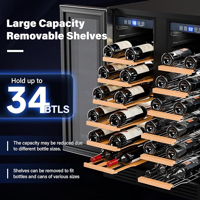 ROVSUN 34 Bottle Wine Fridge - Dual Zone Beverage Refrigerator w/Independent Temp Control & LED Panel, Built-in/Freestanding/Under Counter Chiller for Red/White Wine, Champagne, Beer