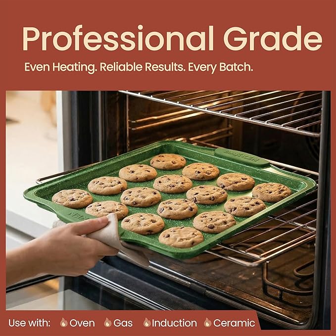 BAKKEN Kitchen Baking Pan Set - Nonstick Green Marble Coating, Carbon Steel Bakeware Sets with Green Silicone Handles, Kitchen Essentials, PFOA, PFOS, PTFE Free, Oven Safe (Up To 450° F), Set of 6