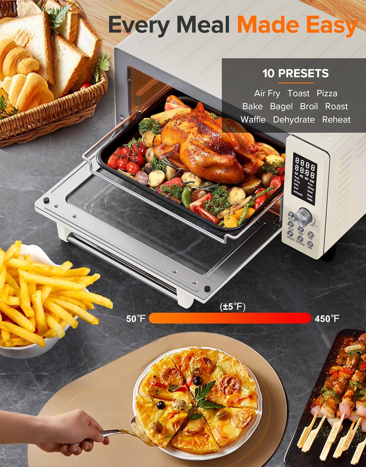 Nuwave Bravo Pro Smart Air Fryer Toaster Oven Combo, Airfryer Convection Oven Countertop, 10-in-1 Functions with Quicker & Even Crisp Technology, 1800W, 50-450°F, PFAS-Free, 21QT, Vanilla Cream