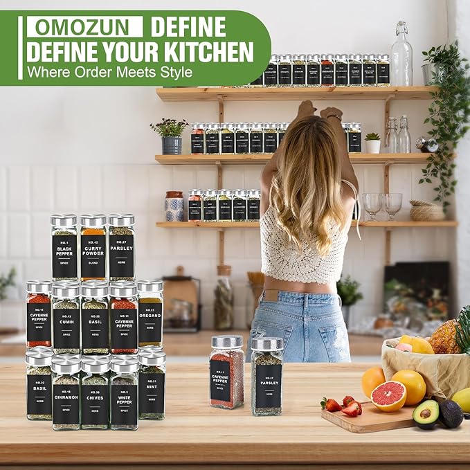Spice Jars with Label, 24pcs 4oz Glass Spice Jars with Stainless Steel Lids, Square Spice Containers with 304 Labels and Shaker Inserts, Empty Seasoning Bottles for Drawer, Cabinet, Organizer