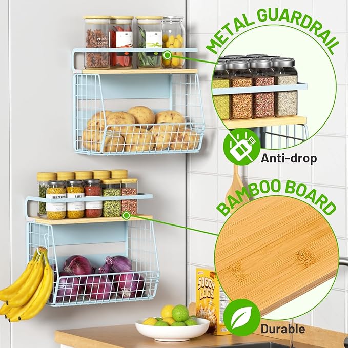 Magnetic Shelf for Fridge with Wood Lid, Fruit Potato and Onion Storage Bins, Pantry Organizers & Storage, Large Container Magnetic Spice Rack for Refrigerator, Kitchen Counter, Cabinet (Blue, 1)