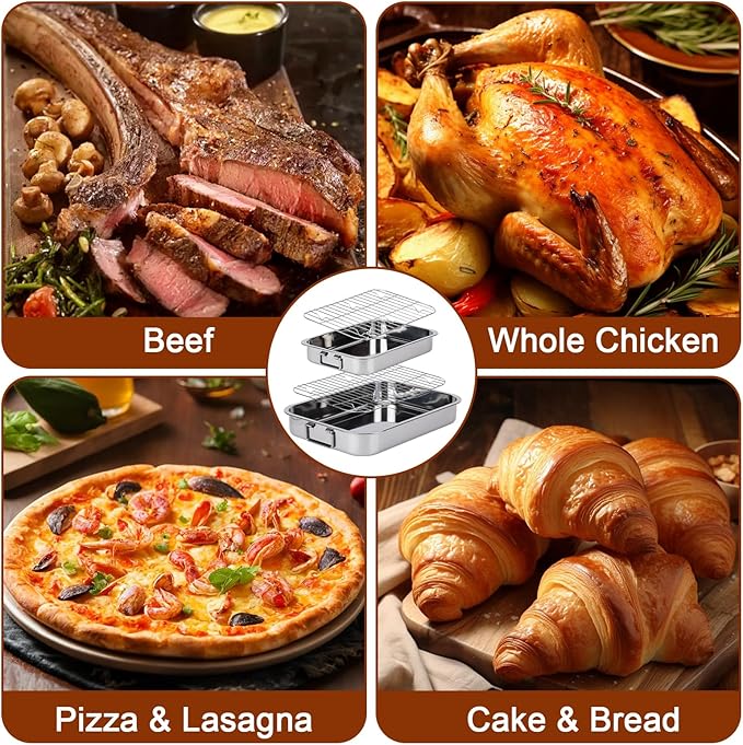 2 Pcs 13"15.4" Stainless Steel Roasting Pans with Handles, Baking Pan for Oven Includes 2 Flat Racks, Dishwasher Safe Rectangular Lasagna Pan for Turkey, Chicken and Roasting, Silver