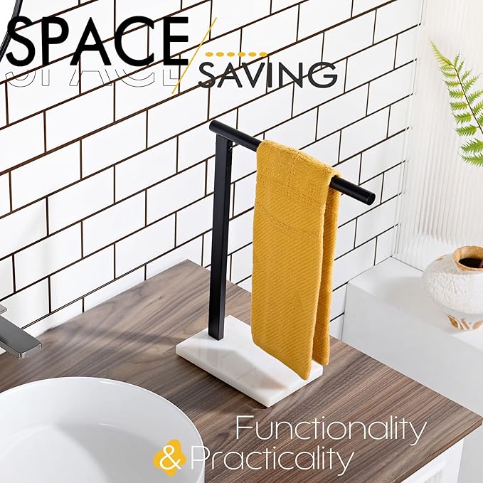 KOKOSIRI Hand Towel Rack Stand Towel Holder with Steady Marble Base for Bathroom Vanity Countertop, Matte Black Stainless Steel 15.7'' Height THS0006-BK