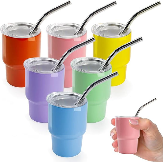 Joyclub 3 oz Mini Tumbler Shot Glass with Straw and Lid 6 Pack Colored Stainless Steel Sublimation Shot Tumblers Mini Cup for Wedding Party Whiskey Favors