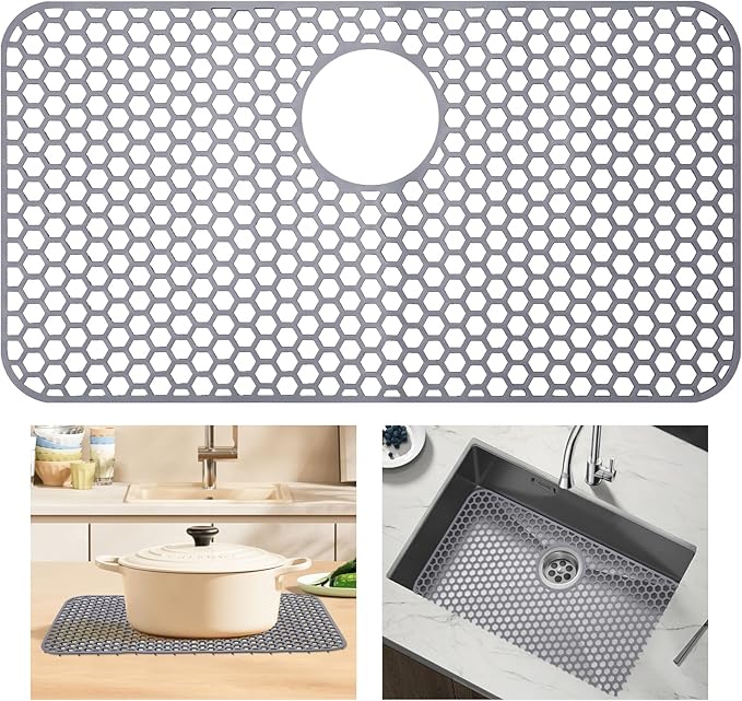 Silicone Sink Mat 25.78"x 14" Heat Resistant Sink Protectors for Kitchen Sink Bottom, Non-Slip Faucet Mat for Stainless Steel（Rear Drain）