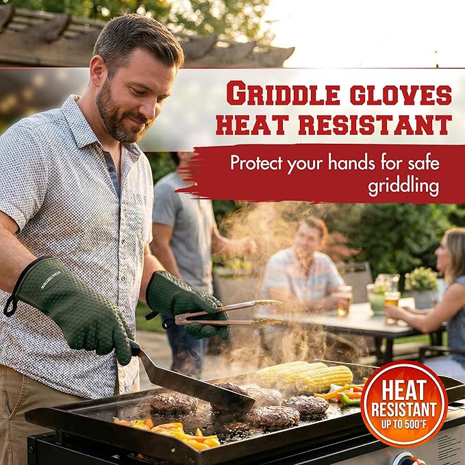 KITCHEN PERFECTION Silicone Oven & Griddle Gloves -Extreme Heat Resistant BBQ & Grilling Gloves -Handle Hot Food Right on Your Griddle |Waterproof Oven Mitts Grill Gloves |Superior Set+3 Bonuses