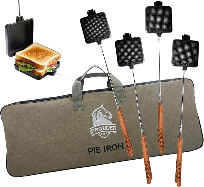 Campfire Pie Iron 4.9" Large Cast Iron Sandwich Maker for Camping 4 Pcs with Storage Bag - 22.6 inch Thickened Handles - Campfire Cooking Equipment for Grilling & Outdoor Cooking