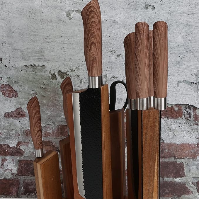 Resafy Countertop Magnetic Knife Block - Double Sided Wooden Holder w/Strong Magnets,Space Saving Up to14 Knives Large Capacity Storage Stand
