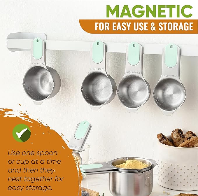 Spring Chef Magnetic Measuring Cups & Spoons Set, Patented, Strong N45 Magnets, Heavy Duty Stainless Steel Fits in Spice Jars for Baking & Cooking, BPA Free, Round Set of 15 with Leveler, Mint