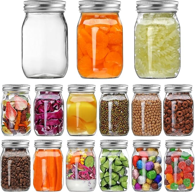 YINGERHUAN Glass Regular Mouth Mason Jars, 16 oz Clear Glass Jars with Silver Metal Lids for Sealing, Canning Jars for Food Storage, Overnight Oats, Dry Food, Snacks, Candies, DIY Projects (15PACK)