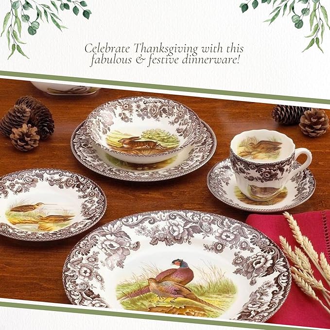Spode Woodland 5-Piece Thanksgiving Dinnerware Set - Porcelain Plates & Teacup and Saucer, Fall Dinnerware Collection - Microwave & Dishwasher Safe - Elegant Autumn Tableware