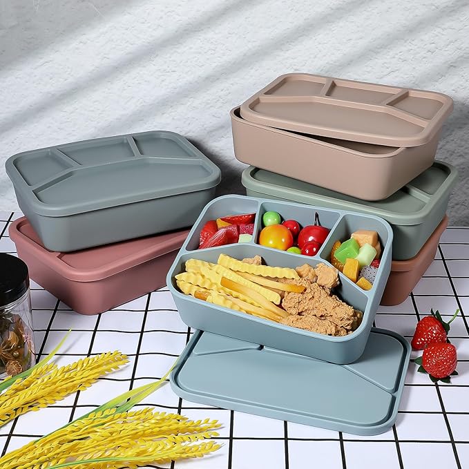 SHENLIU 6 Pcs Silicone Bento Box, 6 Colors Reusable Lunch Container 4 Compartment LeakProof Lunch Container 42 OZ Unbreakable Meal Prep Food Storage for Adult Oven Dishwasher Safe
