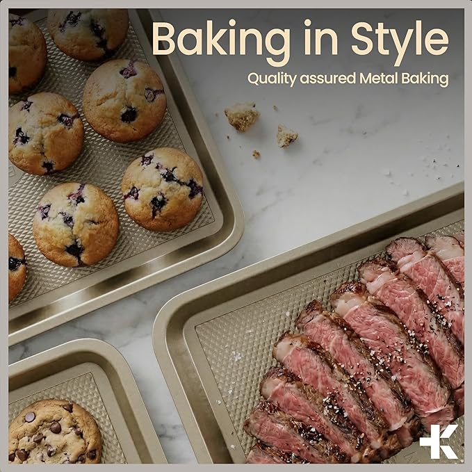 BAKKEN Kitchen Baking Pans - Nonstick White Coating, 13.58’’ × 9.65’’ Commercial Grade Carbon Steel Cookie Sheet, Diamond Texture Bottom, PFOA, PFOS, PTFE Free, Oven Safe Tray (450°F), White Marble