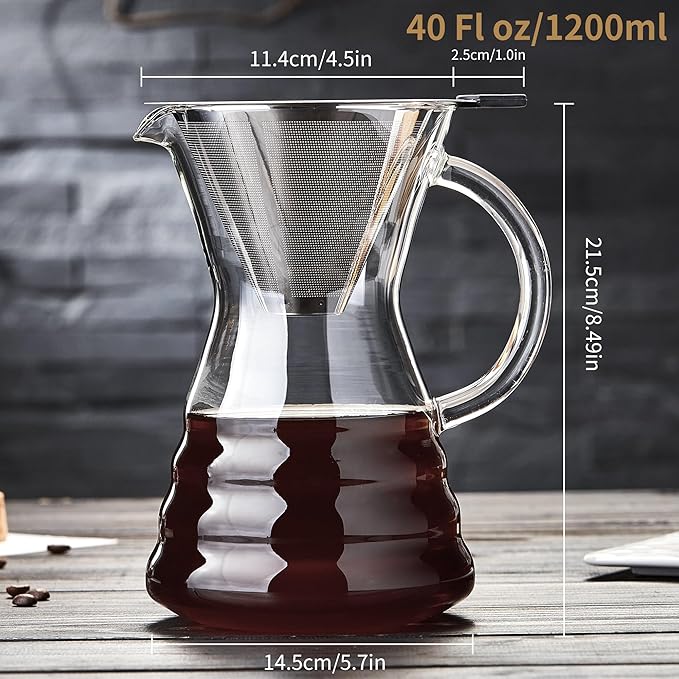 Unbreakable - Pour Over Coffee Maker with Permanent Stainless Filter 40 fl oz, Thickened Heat-Resistant Borosilicate Glass Dripper Coffee Brewer, Stovetop Safe