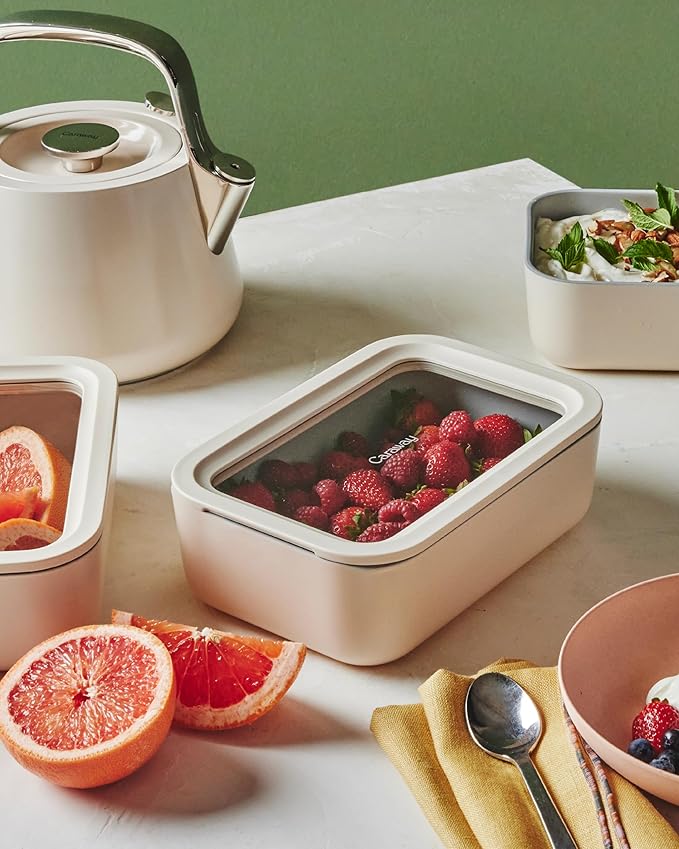 Caraway 6pc Glass Food Storage Set – 6.6 Cup Food Containers (6) - Ceramic Coated - Non Toxic, Non Stick with Lids - Microwave Safe - Navy