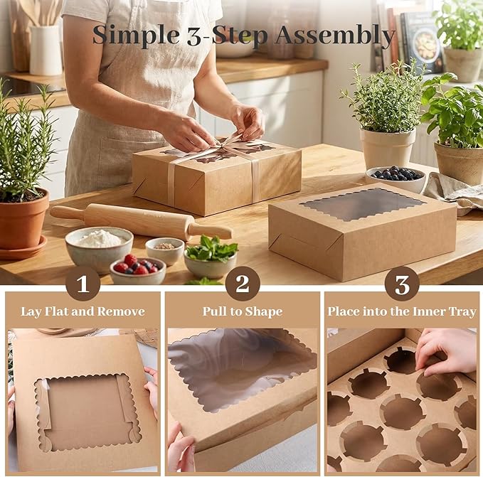 VGOODALL 6PCS Kraft Cupcake Containers, 12 Count with Window Boxes Holding 72 Pastry Box for Birthday Holiday Party Bakery Supplies