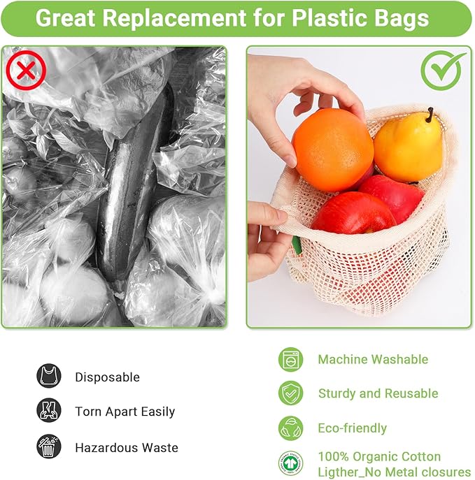 Pack of 12 Reusable Grocery Bags, 3 Sizes (4xS+4xM+4xL) Reusable Shopping Bags Heavy Duty Cotton Bags Mesh Bags for Vegetables, Enhanced Closure Edge, Double Stitched, with Tare Weight