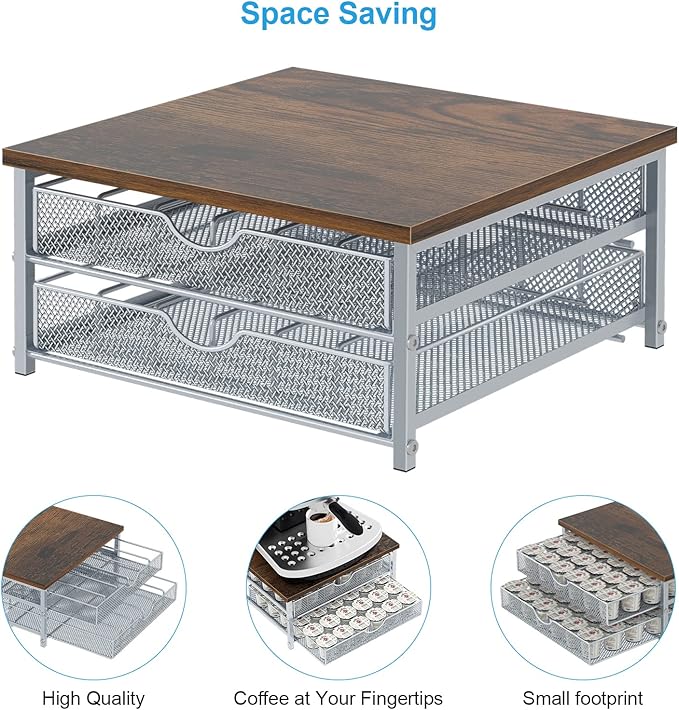 Coffee Pod Holder For Counter, Coffee Pod Drawer for Keurig Pod Storage Drawer Holder, 72 Capacity Pods Storage Organizer for Coffee Pod Storage with Sliding Baskets for Coffee Station, Silver