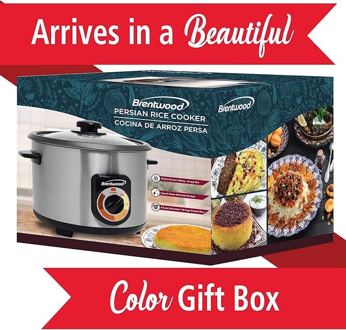 BRENTWOOD Crunchy Persian Rice Cooker, Stainless Steel (8-Cup Uncooked/16-Cup Cooke), silver (TS-1216S)